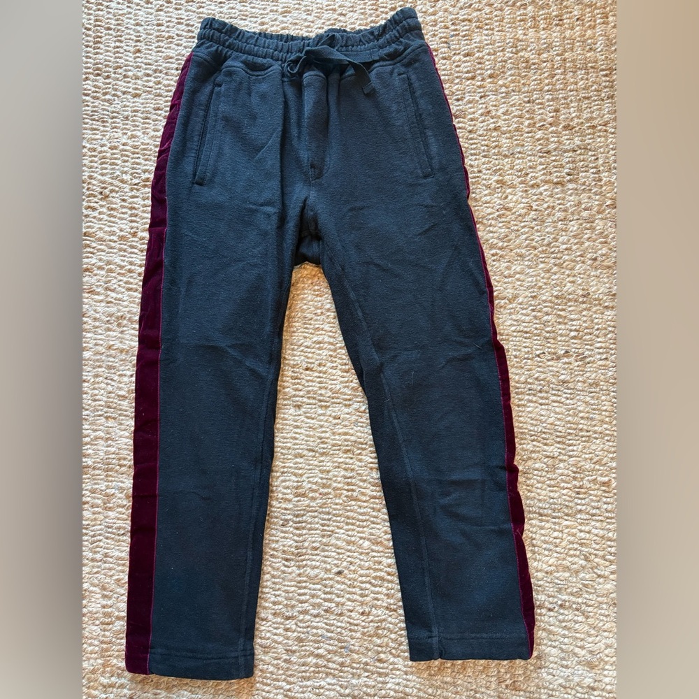 Haider Ackermann Black sweatpants burgundy velvet side stripe, Sz XS